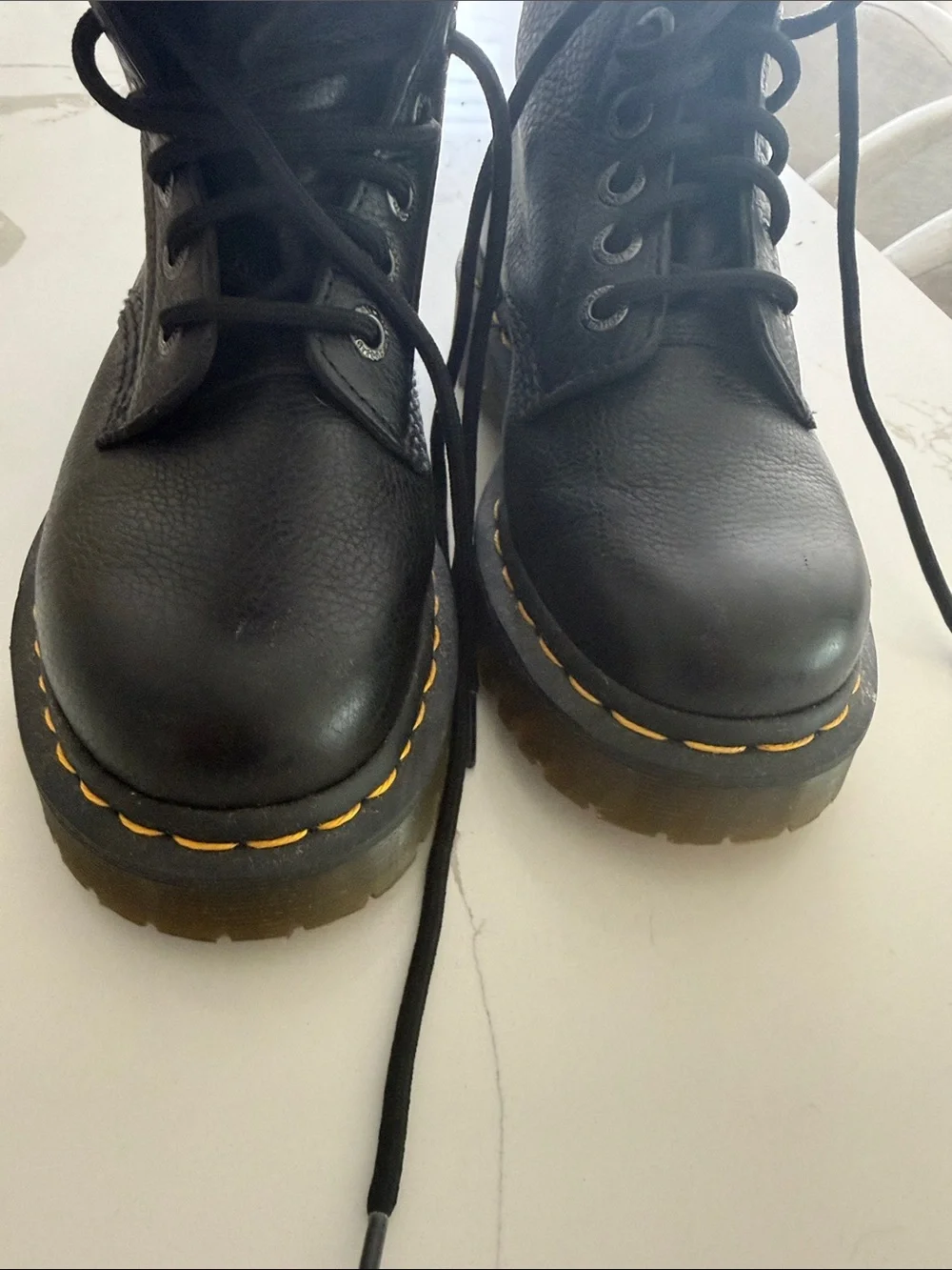 Dr. Martens 1460 Black Leather Lace-Up Boots with Yellow Stitching